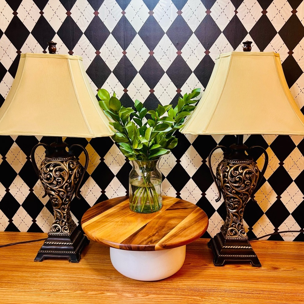 Ornate Lamp Pair Vintage Black & Gold Table Lamps w/‎ Cream Shades